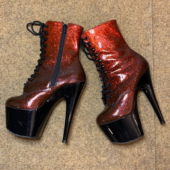Pleaser ADORE Red Glitter Patented Ombre 7" Platform Stiletto Heel Lace Up Boots - Picture 10 of 16